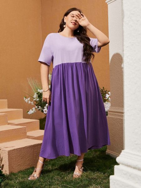 

plus color block smock dress x6d6#, Black