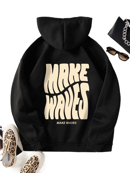 

letter graphic kangaroo pocket drawstring thermal hoodie i88a#, Black