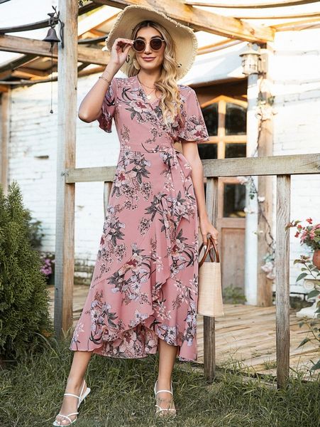 

floral flounce sleeve belted dress 36a2#, Black;gray