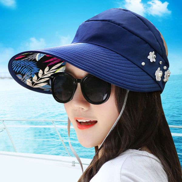 Neue Sonnenhüte für Frauen Perlendekoration Big Heads Strandhut mit breiter Krempe Sommer UV-Schutz Packbarer Visierhut HCS151