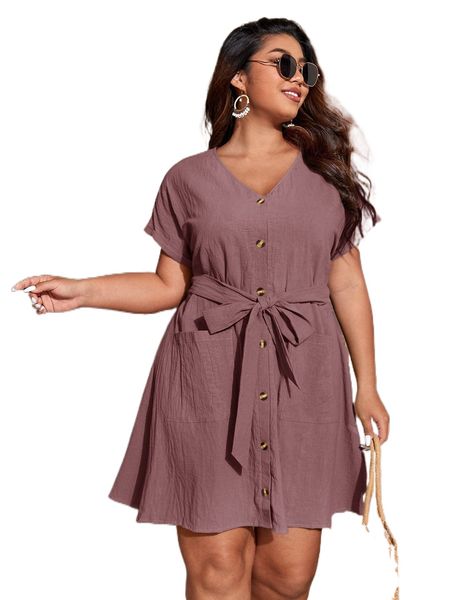 

plus solid button front belted dress y0ef#, Black