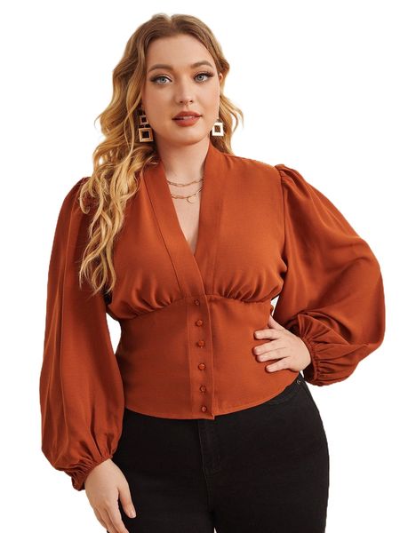 

plus bishop sleeve button up blouse w2cz#, Black