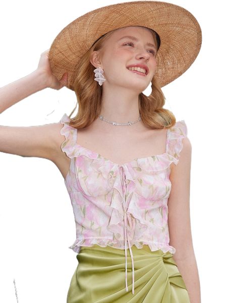 

floral print ruffle trim shirred back knot front crop 204g#, White