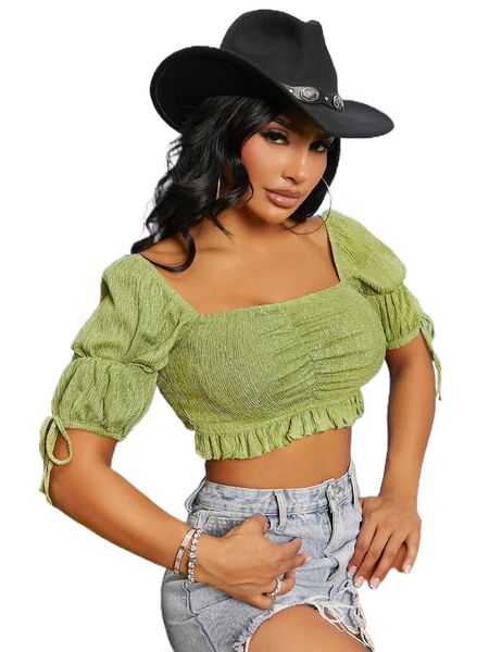 

sxy puff sleeve ruffle hem 72uv#, White