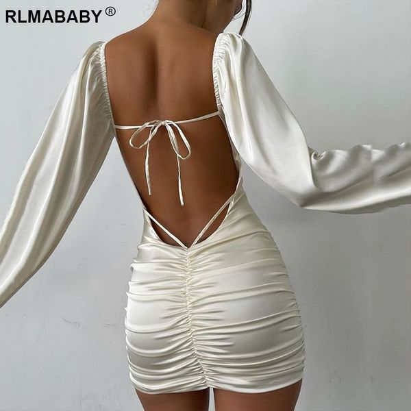 

elegant backless fold mini bodycon dress women slim square collar lantern sleeve lace up night club party white short dress, Black;gray