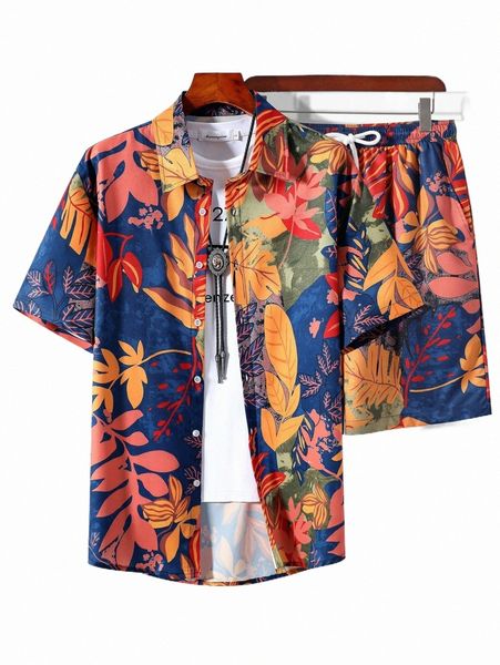 

men random tropical print shirt & shorts without tee f1lc#, Gray