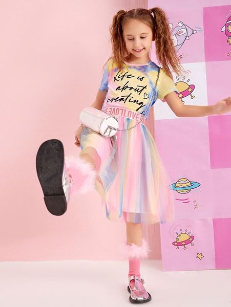 

girls slogan pattern tie dye tee & tape mesh skirt she, White