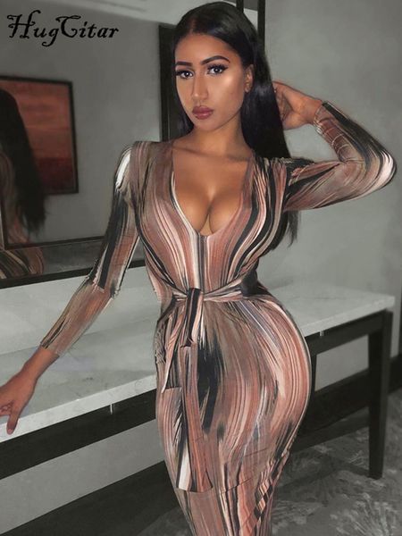 

hugcitar long sleeve print v neck bandage dress autumn winter women christmas party elegant outfits streetwear 220521, Black;gray