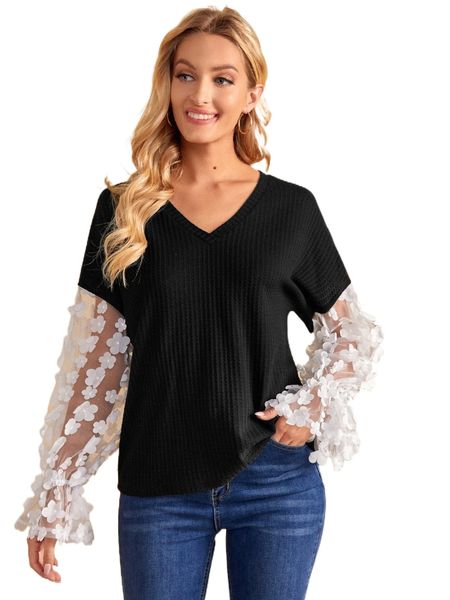 

floral applique contrast lace flounce sleeve tee l082#, White