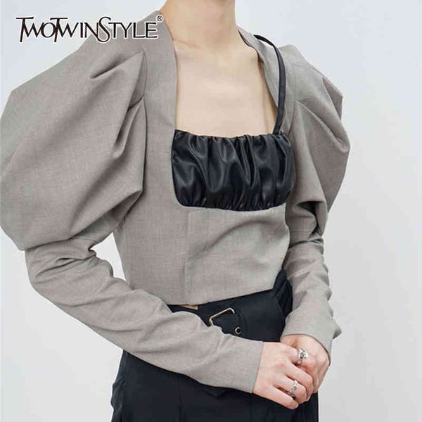 

vintage patchwork hit color shirt for women square collar puff long sleeve short female fashion clothing 210423, White