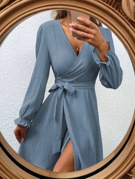 

surplice neck belted lantern sleeve dress w7gw#, Black;gray