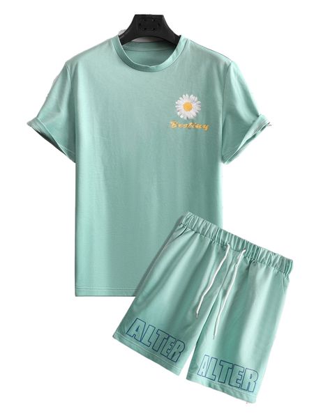 

men floral & letter graphic tee & shorts 608d#, Gray