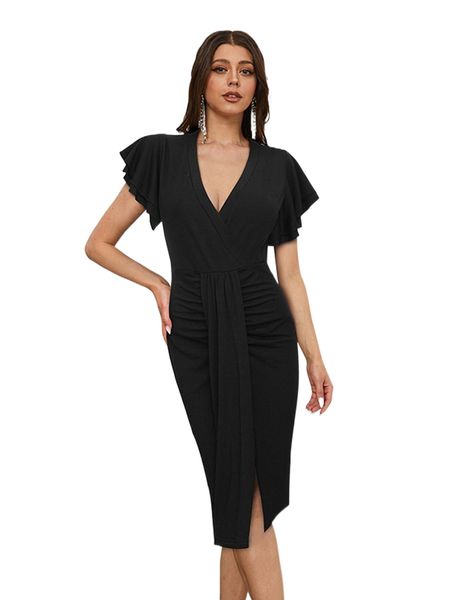 

butterfly sleeve ruched asymmetrical hem dress z3fj#, Black;gray