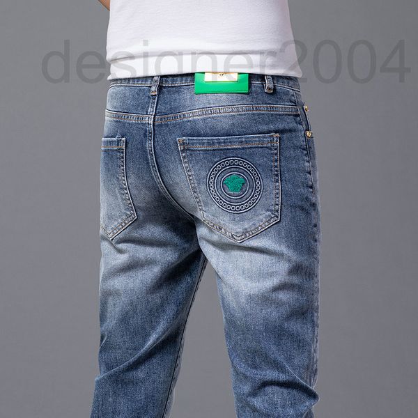 

men's jeans designer chao brand new medusa printed green leather jeans men's spring korean version elastic slim fit water wash leg, Blue