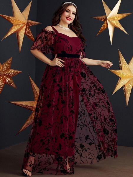 

plus random ruffle trim cold shoulder floral mesh dress 76hu#, Black