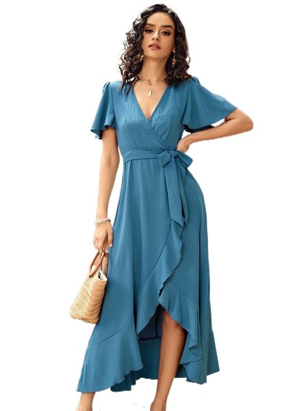 

flutter sleeve overlap collar ruffle hem belted dress t21v#, Black;gray