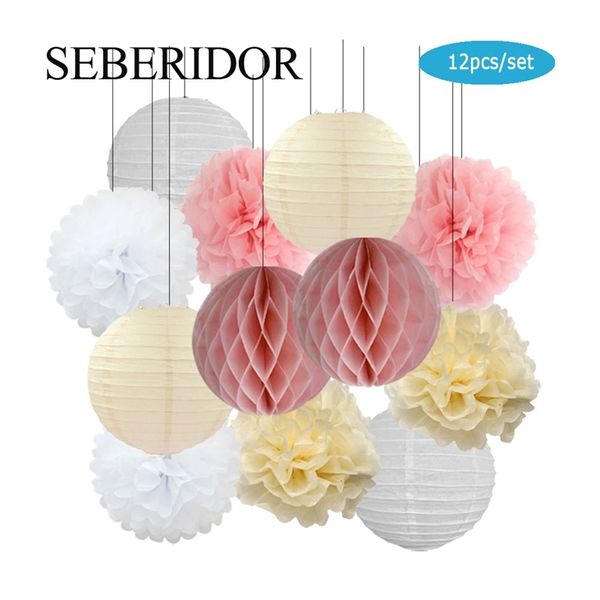 Baby Girl 1st Birthday Party Favor Pink Beige White Set Lanterna rotonda Pompon di carta fai da te per matrimonio Battesimo Gender Real Decor 220527