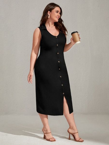 

plus button front bodycon dress l1g9#, Black