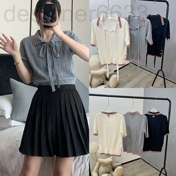 

women's knits & tees designer tb summer college style age reducing elastic slim fit pullover strap polo collar color stripe wool lapel, White