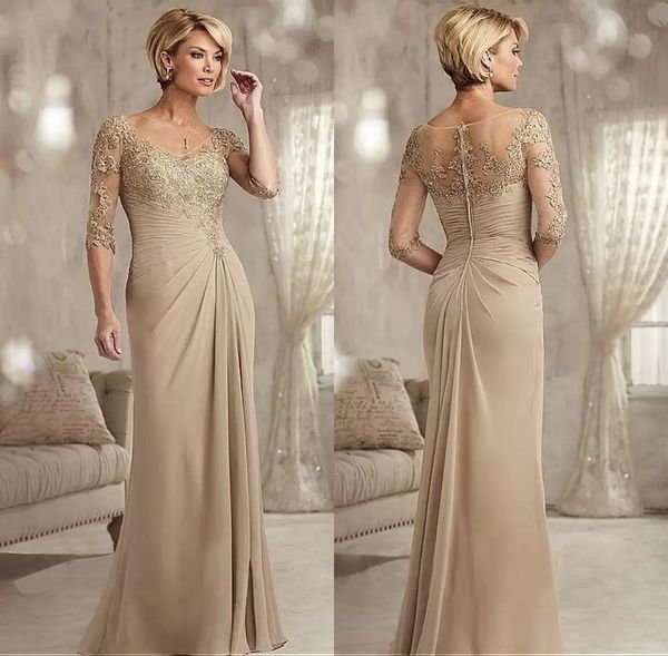 Perlenbesetzte Spitze Champagner Mutter der Braut Kleider Bodenlang 2022 Chiffon Halbarm Bräutigam Patin Abendkleid Elegante Gasthochzeitsfeierkleider