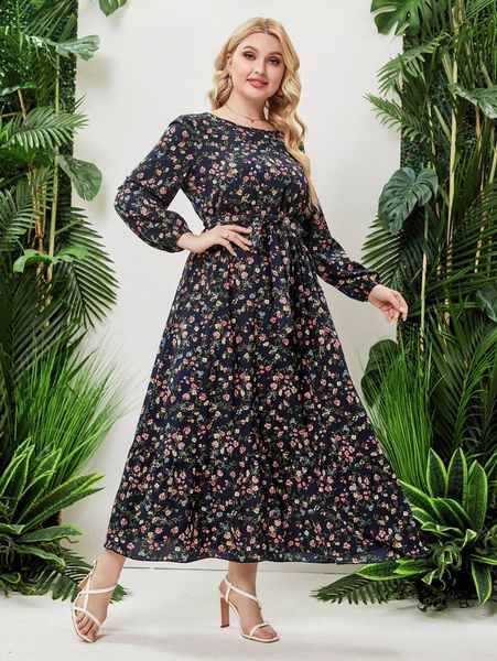 

plus ditsy floral lantern sleeve ruffle hem belted dress 62v4#, Black