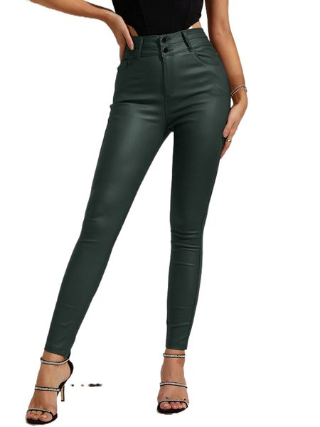 

apperloth a slant pocket button front pu leather skinny pants x81k#, Black;white