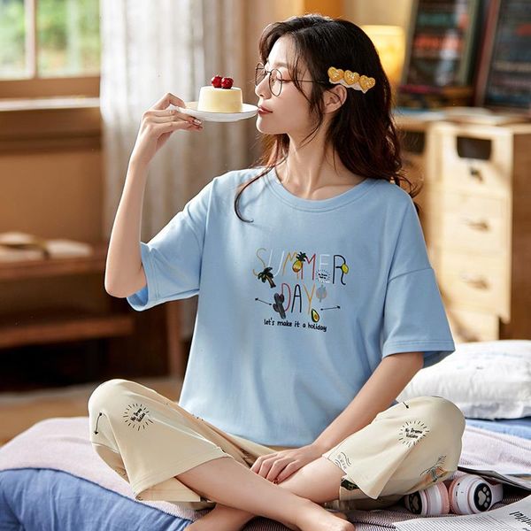 

summer fashion printing sleepwear for youth girls soft 100 cotton pajamas womans calf-length pants nightwear, Black;red