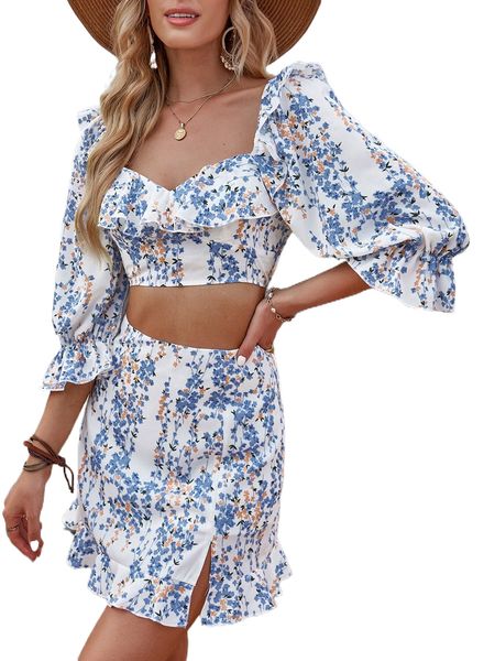

allover floral print flounce sleeve crop & skirt z3ej#, White