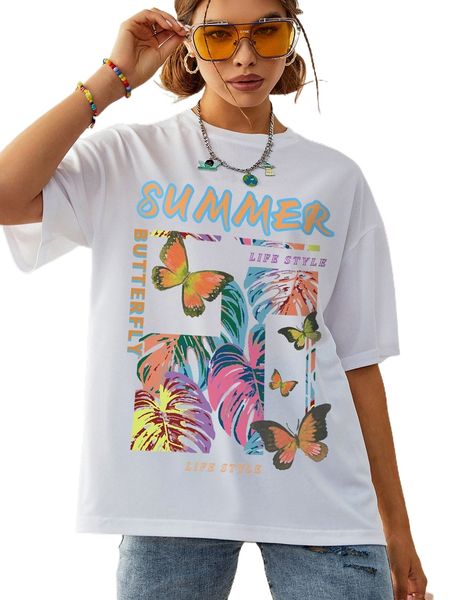 

butterfly & letter graphic oversized tee g2el#, White