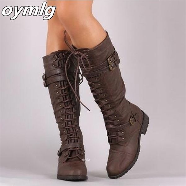 Frauen kniehohe Stiefel Herbst Winter Lace Up flache Schuhe Sexy Steampunk PU Retro Schnalle Frauen Schuhe Damen Schnee 220813