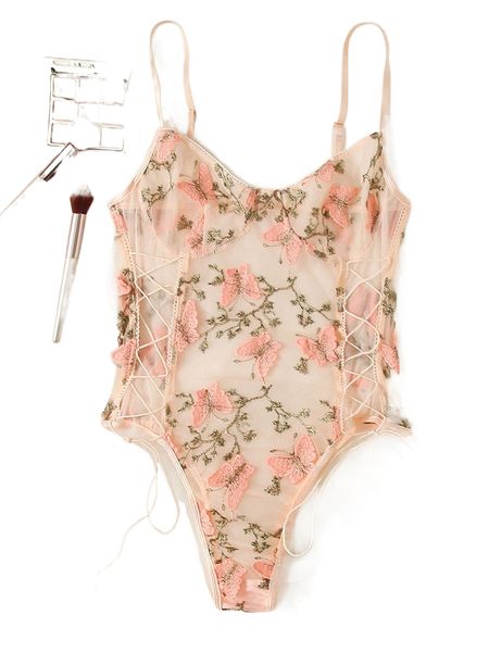 

butterfly embroidered mesh teddy bodysuit h9t1#, Black;red