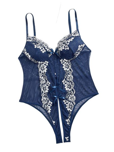 

plus floral lace contrast mesh cut out back teddy bodysuit z0ei#, Black;white