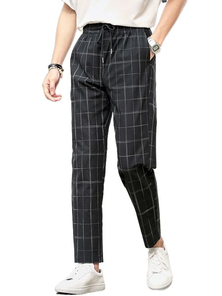 

men plaid drawstring waist pants v723#, Black