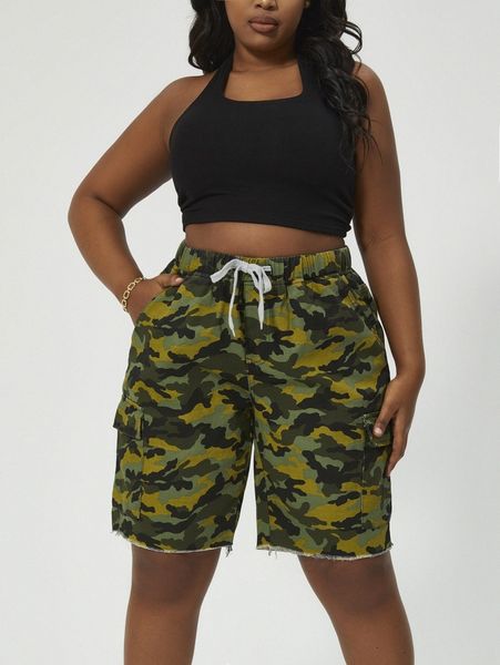 

plus drawstring waist camo print raw hem denim shorts 14va#, White;black
