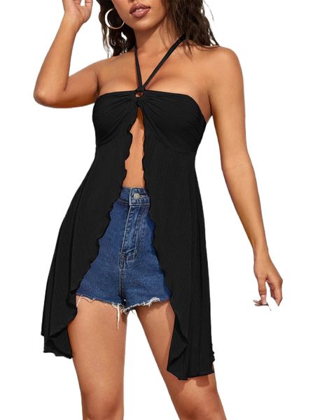 

halter neck ring ruffle backless asymmetrical hem 99w3#, White