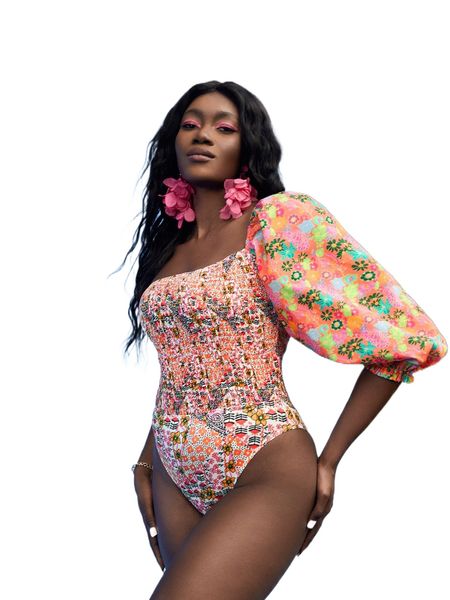 

x xio & paula floral print one shoulder lantern sleeve shirred bodysuit 01cz#, White