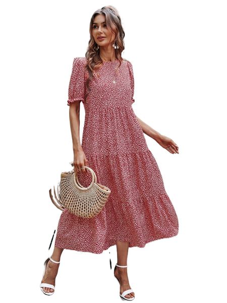 

allover print swing smock dress 65s1#, Black;gray