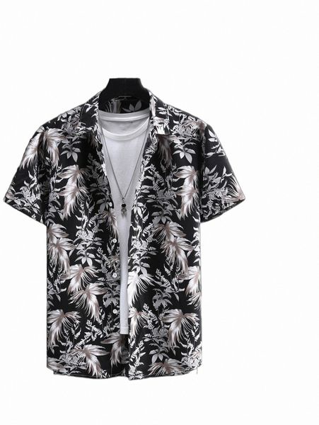

men random tropical print shirt & drawstring waist shorts without tee f1ie#, Gray