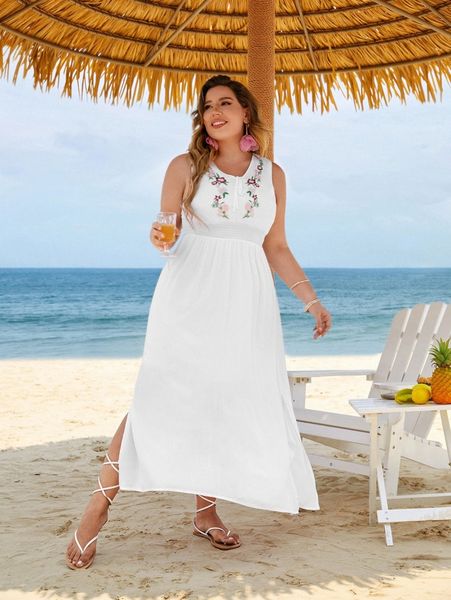 

plus floral embroidery shirred waist split hem dress e2du#, Black