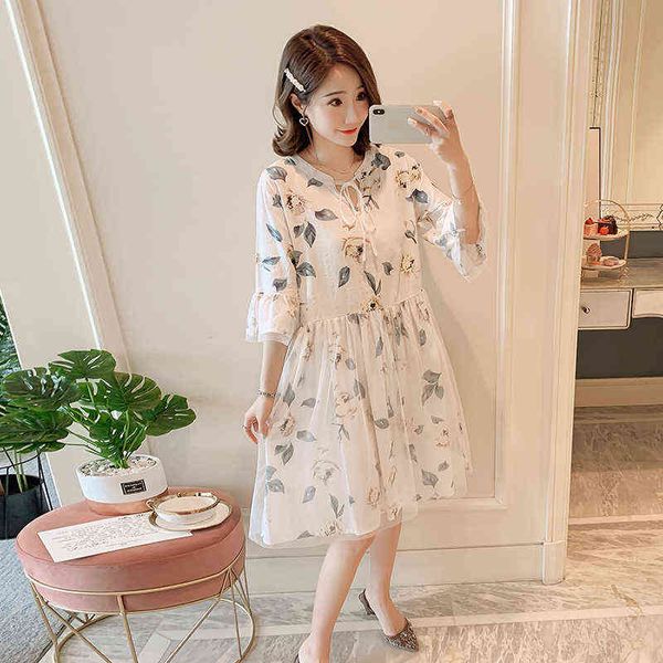 

plus size maternity fashion dress sweet short flare sleeve oneck mesh patchwork pregnant woman aline dress pregnancy clothing j220628, White