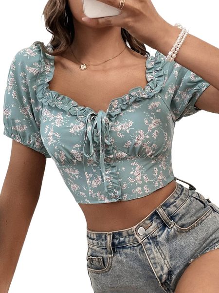 

floral frill trim shirred back 22av#, White