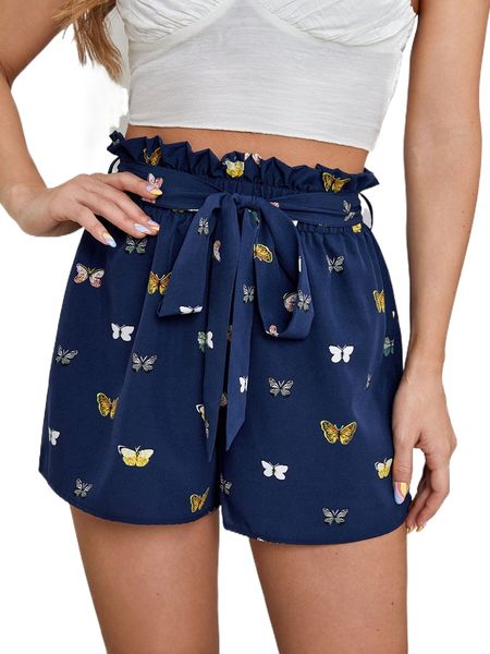 

butterfly print paperbag waist shorts l3mt#, White;black