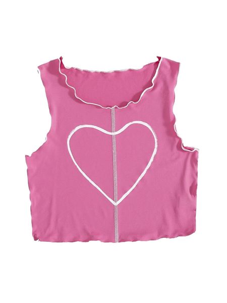 

heart print stitching lettuce trim tank f57u#, White