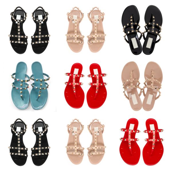 

brands fashion women rivets slipper ladies flat jelly candy color slippers thong sandals girls flip flops studded summer shoes cool beach sl, Black