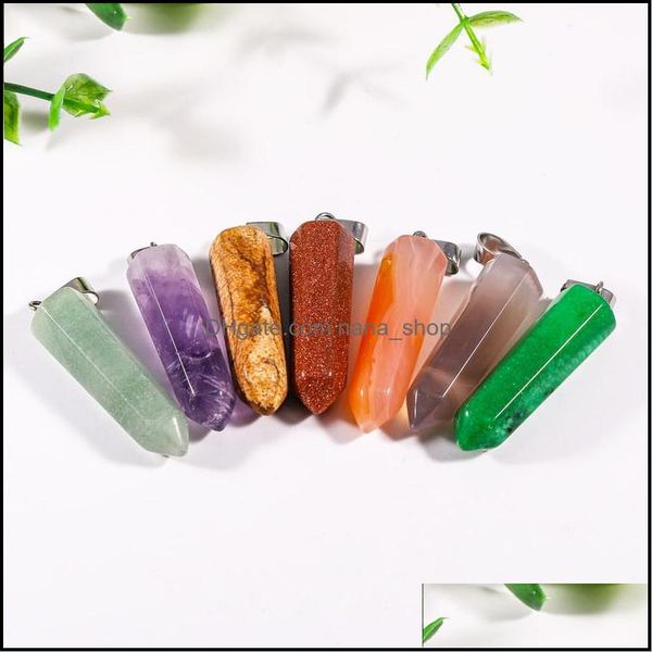 

charms jewelry findings components natural stone hexagonal prism opal tigers eye pink quartz crystal healing chakra pendant dhihe, Bronze;silver