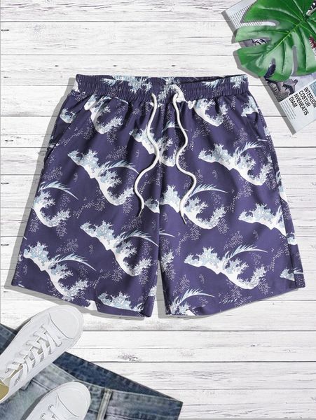 

men allover print drawstring waist shorts n5in#, White;black
