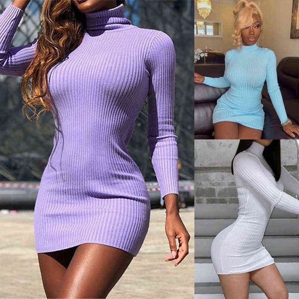 Feminino Vestido Turtleneck Manga Longa Mini Vestido 2022 Outono Inverno Novo Y2K Slim Sexy Club Bodycon Dress Mulheres G220414