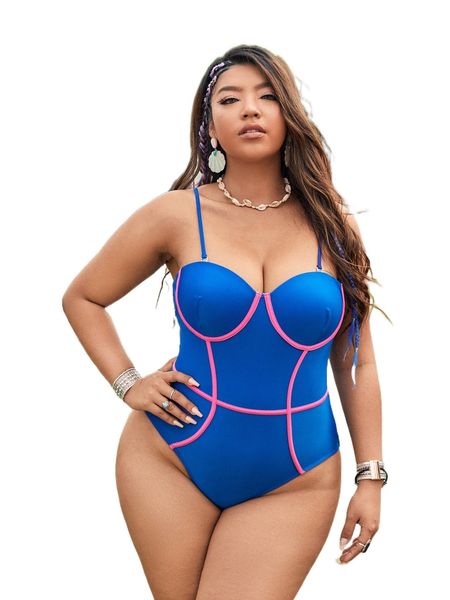 

plus contrast binding underwire one piece swimsuit o6iw#, White;black