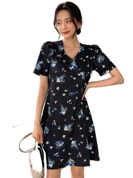 

dazy floral print puff sleeve dress h3m0#, Black;gray