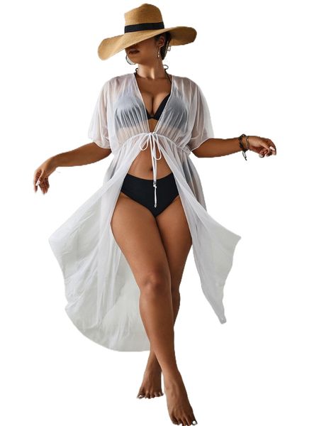 

plus sheer mesh batwing sleeve drawstring waist kimono r6vi#, Black;gray